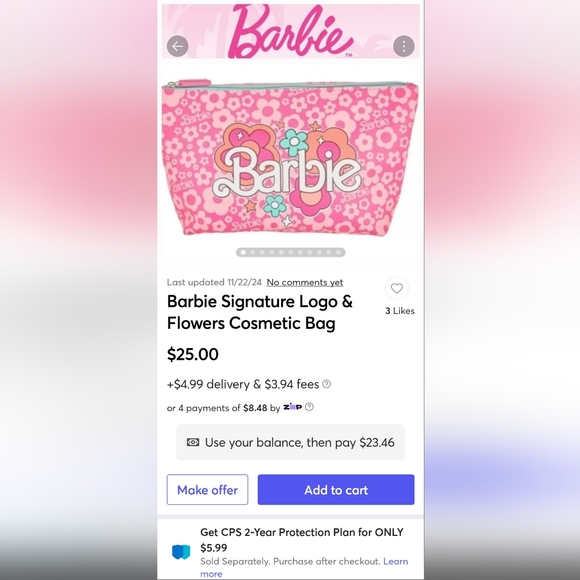 🆕MATTEL Barbie Logo Floral Print Cosmetic Bag - Picture 4 of 4